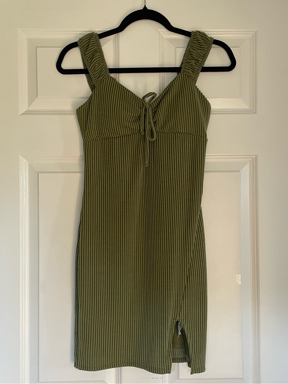 No Boundaries Olive Green Ribbed Tie-Front Mini Dress